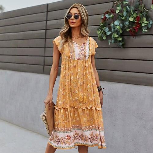 Summer Orange Chic Bohemian Women Floral Long Dress Deep V Neck Slim Ladies Swing Ruffles Midi Print Tassel Dress Robe 2021