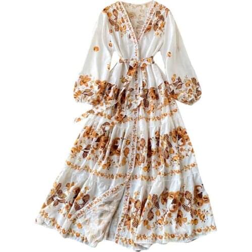 FMFSSOM 2021 Women Spring Autumn Vintage Print Dress Elegant V Neck Single Breasted Sashes Tie Up A Line High Waist Slim Dress