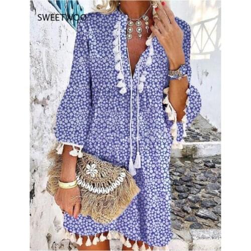 Vintage Women Floral Print A-Line Party Dress Spring Autumn V Neck Lace Up Tassel Mini Dress Elegant Long Sleeve Ladies Dresses