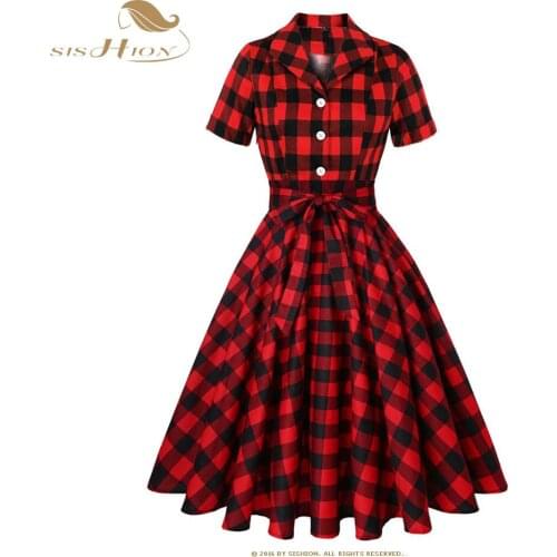 SISHION Women Short Sleeve S-4XL Plus Size Cotton Vintage Plaid Dress SD0002 Checkerboard Black Red Vintage Summer Dress Robes