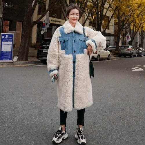 Winter Lamb Wool Coat Female Korean Design Sense Denim Stitching Contrast Color Lapel Single-breasted Cotton Long Thick Jacket