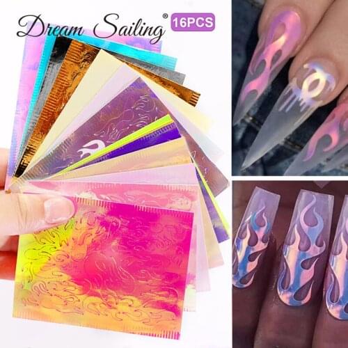 16pcs/lot Fire Nail Holographic Strip Tape Nail Art Stickers Thin Laser Silver Stripe Sticker DIY Foil Decal Sticker
