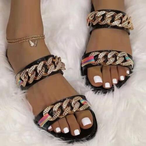 2021 Womens Summer Chain Slippers Ladies Fashion Metal Decoration Female Flats Slides New Casual Outdoor Plus Size Sandals