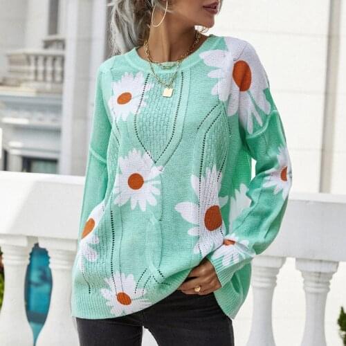 2021 Autumn Winter New Loose Knit Sweater Women Elegant Korean Style Pullovers Round Neck Floral Thin Casual Sweaters Jumper Top