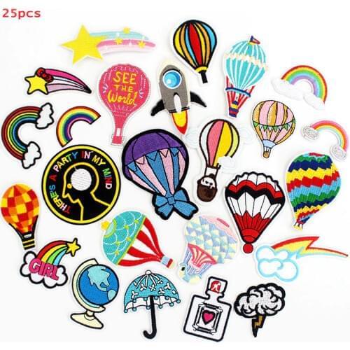 Hot Air Balloon Cute Patches Embroidered Iron on Badges Handmade Rainbow Sticker for Clothing DIY Kids Appliques 25 Pcs a Set