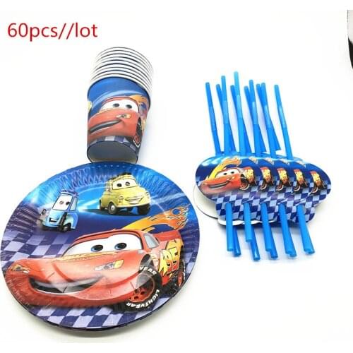60Pcs Cartoon Disney Cars Theme Design Family Party Child Birthday Party Decoration Cup Plate Straw for 10People Use Supplies
