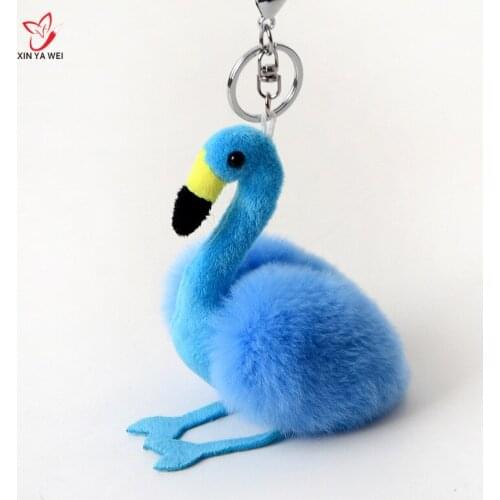 8cm Multicolor Fiuffy Real Rabbit Fur Flamingo Key Chain Cute Pompom Rabbit Fur Hanging Ornament Keychain Women Car Bag key Ring
