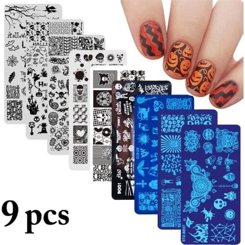 9PCS Halloween Nail Stamp Plate DIY Assorted Nail Plate Pumpkin Spider Nail Stamping Stencil Nail Art Stencil Plates for Party