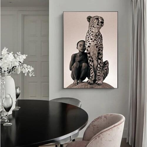 African Child Leopard Art Posters and Prints on Canvas Painting Animal Wall Art Office Modern Home Decor Pictures Mural
