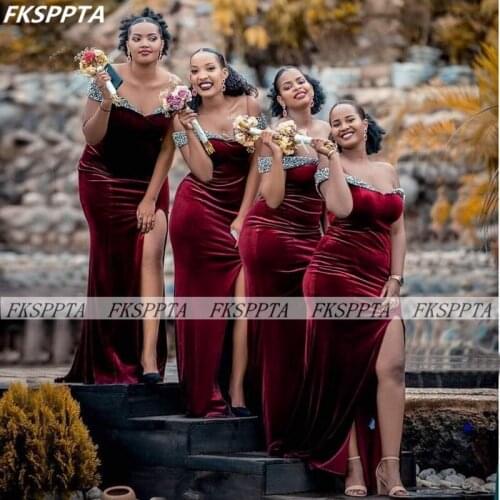 Burgundy Velour Long Bridesmaid Dress With Silver Crystals Off The Shoulder Side Split Black Women Mermaid Gowns For Party