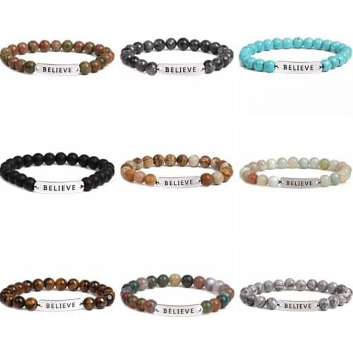 Natural Semi-precious Stone Bracelet Turquoise Agate Natural Volcanic Stone Believe Letter Bracelet Lovers Hand String Wholesale