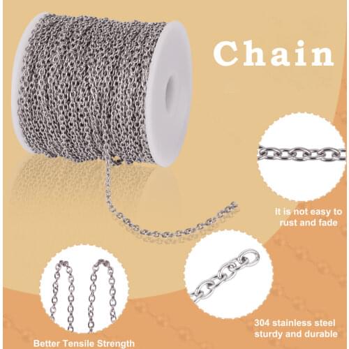 304 Stainless Steel Cross Chains, Rolo Chains, 304 Stainless Steel Color, 3x2x0.6mm; 50m/roll