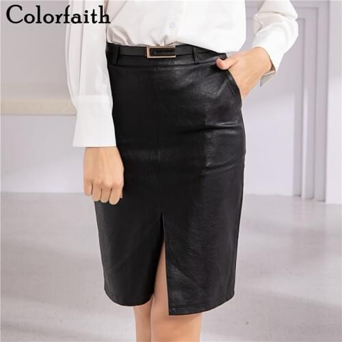 Colorfaith New 2019 Women PU Leather Skirt Autumn Winter Fashion Empire Straight Mini Skater Skirt Female Black With Belt SK6603