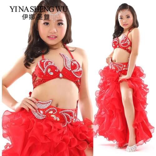 Kids Belly Dance Stage Performance Clothes Oriental Dance Outfit Beaded Bra Belt Skirt Girls Belly Dance Costumes Set Children