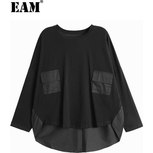 [EAM] Women Black Pocket Irregular Casual Big Size T-shirt New Round Neck Long Sleeve Fashion Tide Spring Autumn 2021 1DE2252