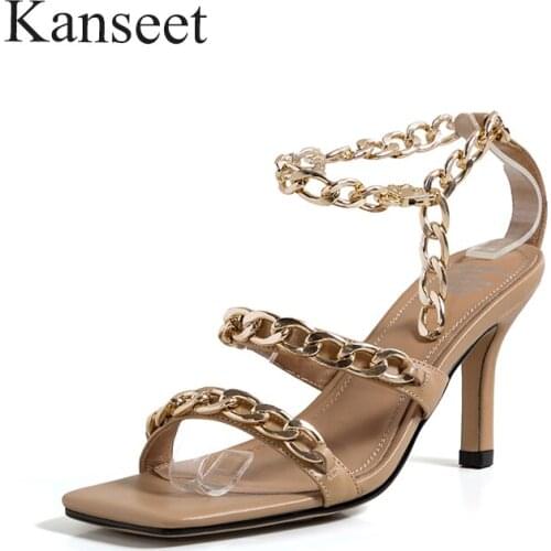 Kanseet 2021 New Arrival Female Shoes Summer Metal Chain Decoration Genuine Leather Handmade Buckle Strap High Heels Sandals