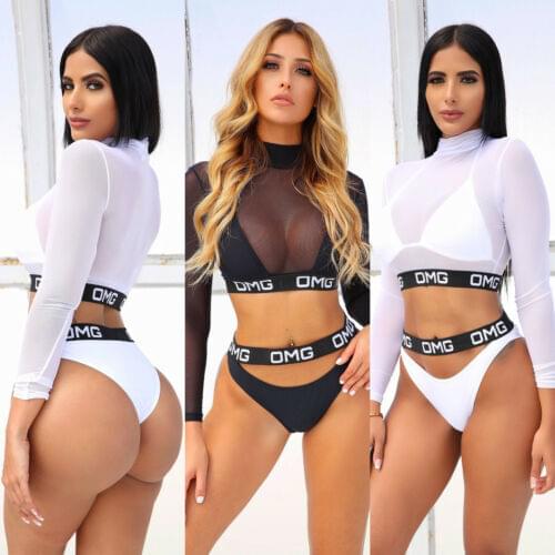 Summer Fashion Sexy Women Bikini Set 3PCS Mesh OMG Letter Swimwear Lady Bathing Beachwear Swimsuit Swimming Costumes