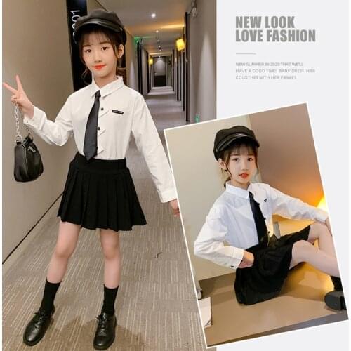 Autumn Spring Girl College Style School Uniform Set Child Tie Shirt Pleated Skirt 3pcs Clothes Set Teen Kids Performance Costume