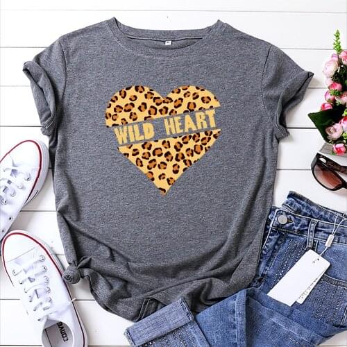 100% Cotton Summer New Womens T-shirt O-Neck Harajuku Leopard Heart Wild Print Top Casual Female T shirt Oversized Size S-5XL