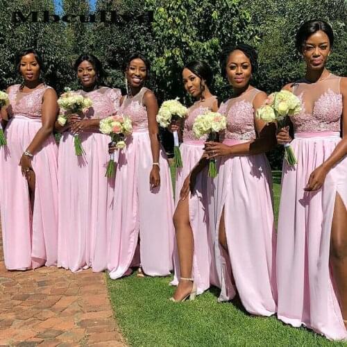 Mbcullyd Wholesale Price Long Bridesmaid Dresses For Women Pink Chiffon Applique Lace Side Split Sleeveless Wedding Guest Dress