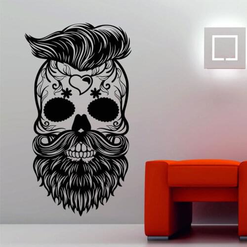 Fashion Hipster Candy Sugar Skull Man Tattoo Studio Wall Sticker Hairstylist Beard Barbershop Decor Decals Removable Mural 4736