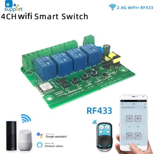 Wifi 4CH Smart Switch for Light/Motor,DC5/12/32/110/220V,4 Gang Relay Module,RF433,Control by Alexa Google Assistant,eWeLink