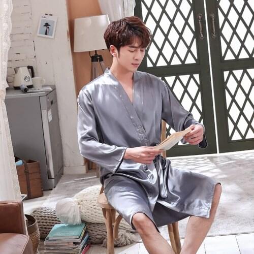 Mens Robe Kimono L-3XL Solid Pyjama Loose Rayon Bathrobe Soft Sleepwear Spring Lounge Gown Lntiamte Lingerie Belt Homewear
