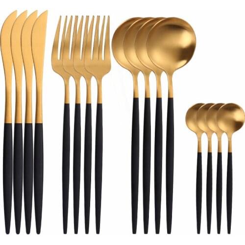 16Pcs Black Gold Cutlery Set Kitchen Tableware Set Stainless Steel Dinnerware Knifes Forks Spoons Matte Dinner Set Silverware