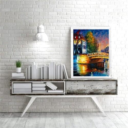 Wall art abstract oil painting canvas poster about town stone bridge night scene modern picture living room home decor FL2-035