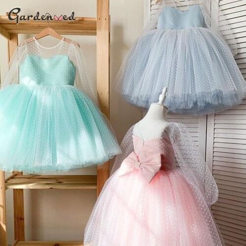 Illusion Polka Dot Flower Girl Dresses Simple Illusion Sleeves Girl Pageant Dress Pleated Tulle Baby Communion Dresses New Year