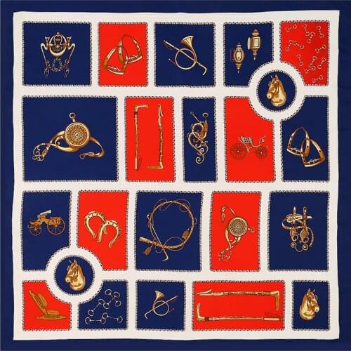 POBING 100% Silk Scarf Women Large Shawls Saddle Print Stoles Square Bandana Luxury Kerchief Hijab Scarf Female Foulards 130CM