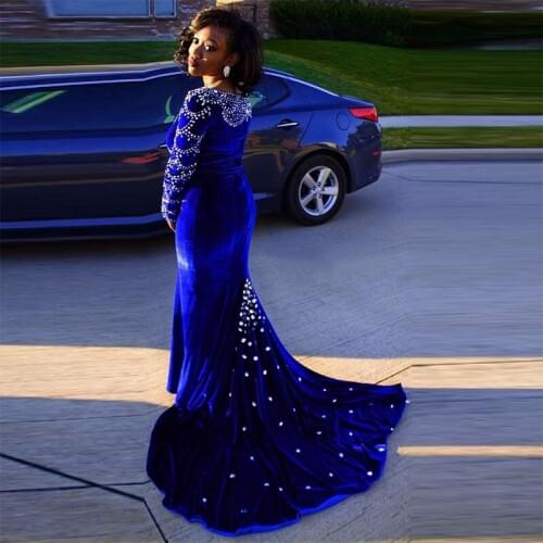 Real Photo Luxury Royal Blue Velvet Evening Dress Custom Mermaid Long Sleeve Prom Dresses Formal Crystal Beads Dubai Party Dress