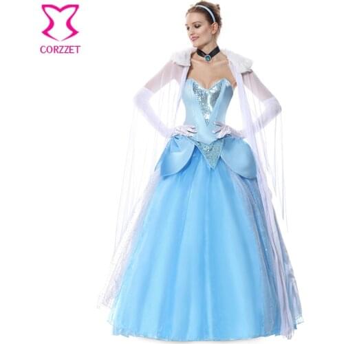 Deluxe Blue Long Ball Gown Fairy Princess Fancy Dress Adults Cosplay Outfit Sexy Cinderella Costume Halloween Costumes For Women
