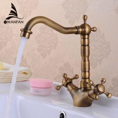 Basin Faucets Antique Brass Bathroom Sink Faucet 360 Degree Swivel Spout Double Cross Handle Bath kitchen Mixer Taps HJ-6711