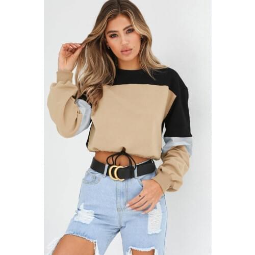 Khaki Patchwork Women Crop Sweatshirt Hoodies Streetwear Causal Bandage Pullovers Tops Sweatshirt