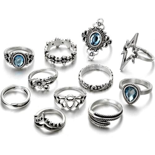 Vintage Carved Blue Gemstone Ring Leaf Butterfly 11-piece Set Finger Rings Women Accessories Totem Pattern Ring Gift