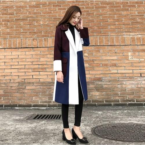 YASUGUOJI Fashion Color Block Long Korean Coat Women Thicken Winter Wool Coat Women Warm Women Coat Wool Blends Menteau Femme