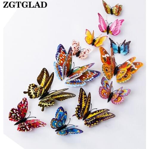 ZGTGLAD 12pcs/set 3d diy glow in dark Decal Butterfly Luminous Magnetic magnet sticking double feather wall stickers home Decor