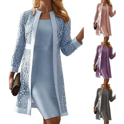 Women Outfit Solid Color Lace Cardigan Long Sleeve Knee-length Dress Coat Set for Office Coat + Vest Dress Female Two-Piece Suit
