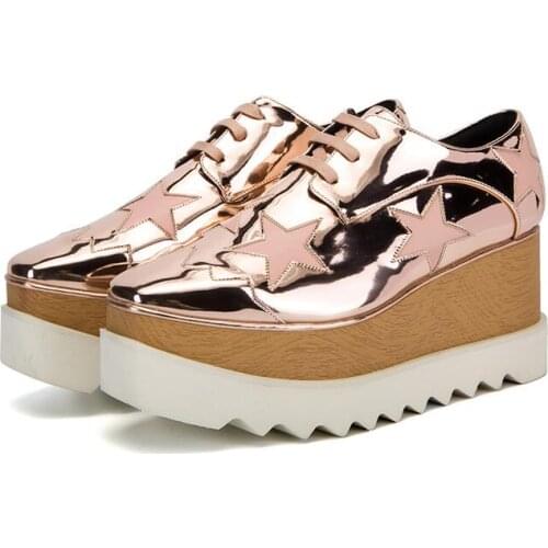 2018 Women Shoes Geometric Stars Lace-up Flat Platform Shoes Woman Patent Leather Increased Boat Shoes Loafers 34-41