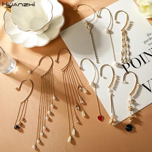 HUANZHI 2020 New Ethnic Rhinestone Pearls Crystal Long Chain Tassel Statement No Pierced Clip Earrings for Women Banquet Jewelry