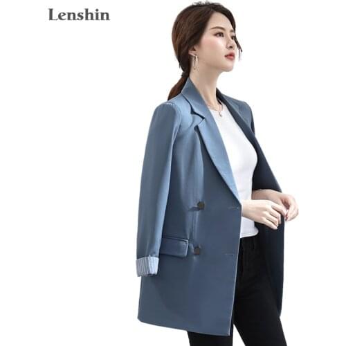Lenshin Vintage England Style Double Breasted Coat with Pockets for Women Solid Long Sleeve Jacket Fashion Outwear Blazer