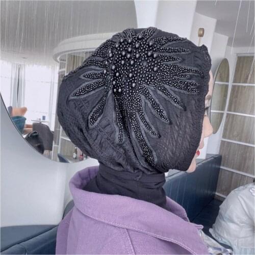 Womens One Piece Beaded Chiffon Amira Fashion Arab Muslim Elastic Hijabs Fullover Wrapped Headscarf Shawls Ramadan Headwear