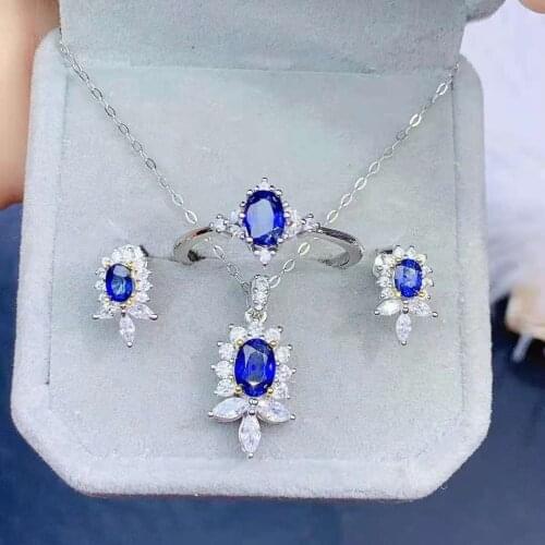 Fine Natural Sapphire/Ruby/Emerald S925 Sterling Silver Earrings Rings Pendants Necklace Luxury Set Women Weddings MeiBaPJFS