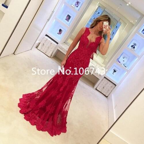 Vestido Longo Mermaid Evening Red Lace See Through Sexy Women Burgundy Prom Floor Length Formal Gown mother of the bride dress