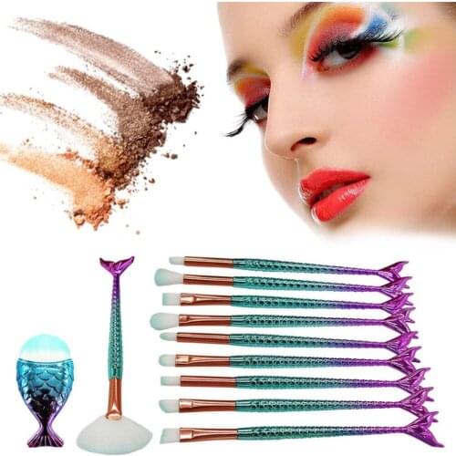 10pcs Fish Tail Makeup Powder Brushes Plastic Scales Handle Brushes with 1pc Fat Fish Foundation Brush Cosmetic Gift for Women