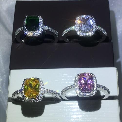 4 Colors Birthstones ring White Gold Filled Engagement Wedding Band Rings for women men cushion cut AAAAA zircon Finger Jewelry