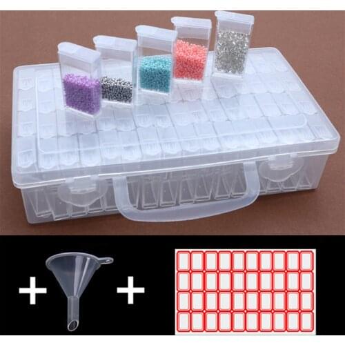 64 Cells Plastic Storage Box with Funnel and Stickers for Diamond Painting Accessories Tools Container Box Sets Diamond Painting