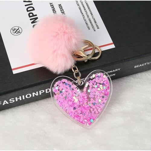 1PC Cute Women Keychains Acrylic Pink Heart Glitter Acrylic Hollowed-out Handbag Charms with Puffer Ball Gifts