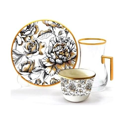 Drop Efe Handled Tea & Arabian Coffee Cup Set 18 Pieces Rose Brown